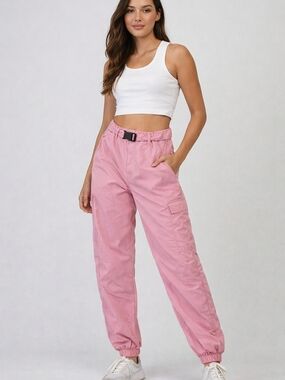 Ninth Hall Pink Nylon Cargo Track Pants with Belt – Lightweight Joggers